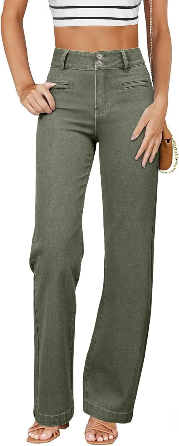 Sidefeel Women's Jeans High Waisted Straight Leg Stretchy Jeans Trendy Loose Wide Leg Zimbaplatinum Denim Pants with Pockets Green