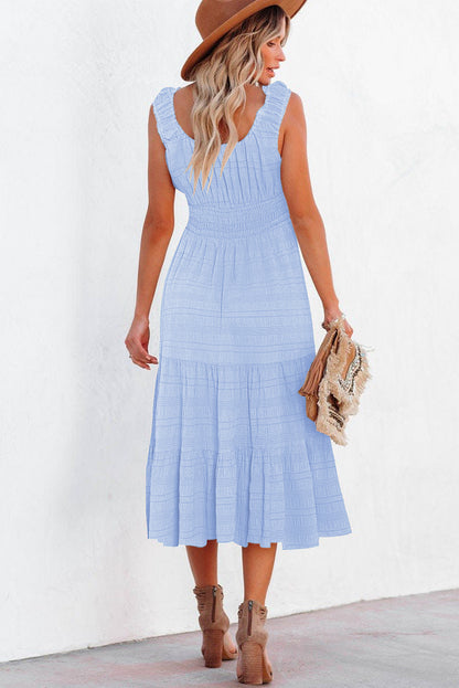 Apricot Shirred Pleated Square Neck Sleeveless Midi Dress