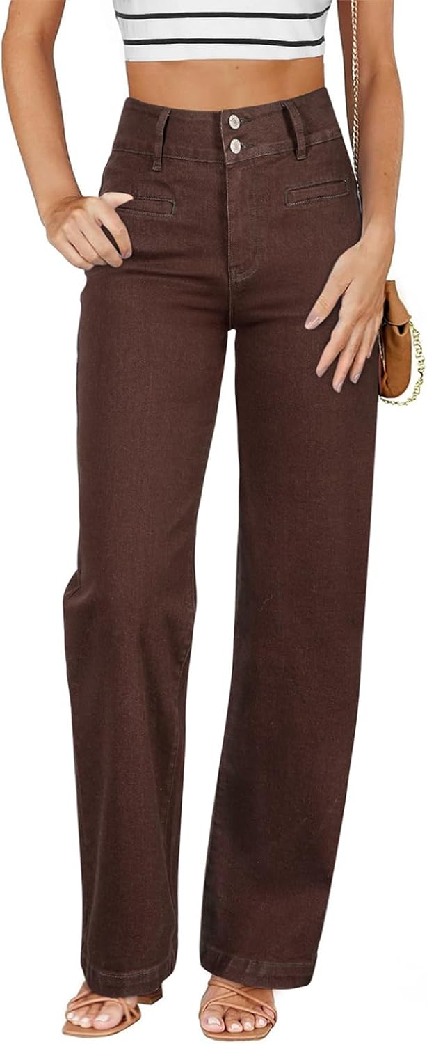 Sidefeel Women's Jeans High Waisted Straight Leg Stretchy Jeans Trendy Loose Wide Leg Zimbaplatinum Denim Pants with Pockets Coffee