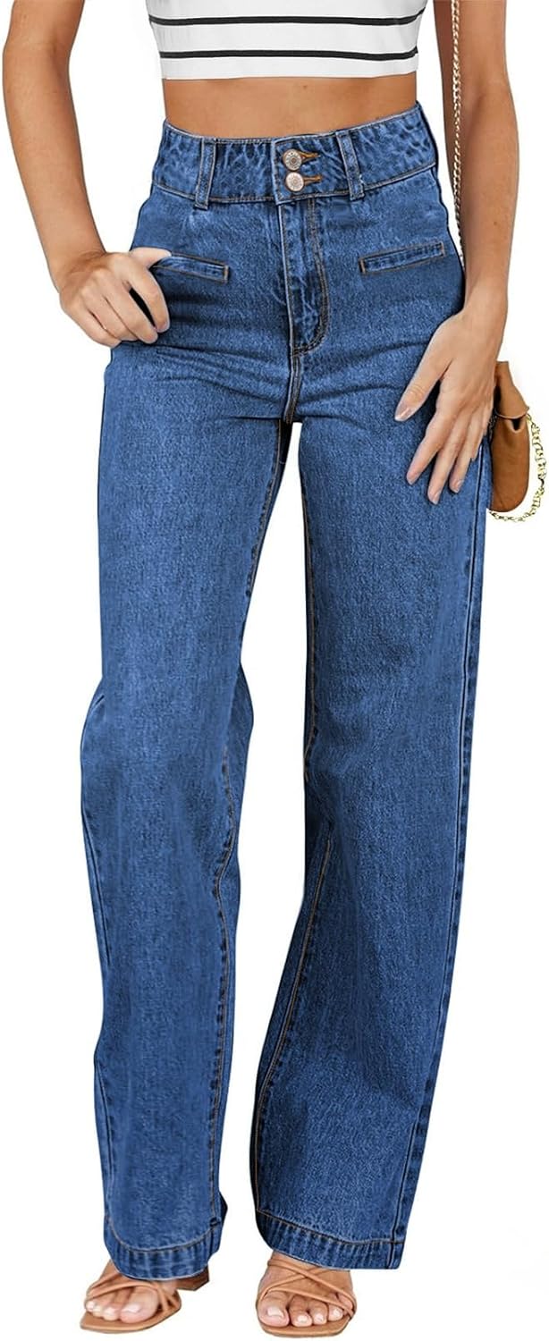 Sidefeel Women's Jeans High Waisted Straight Leg Stretchy Jeans Trendy Loose Wide Leg Zimbaplatinum Denim Pants with Pockets Bluing