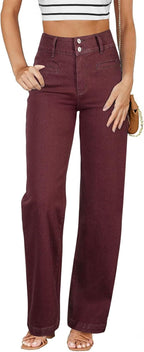 Sidefeel Women's Jeans High Waisted Straight Leg Stretchy Jeans Trendy Loose Wide Leg Zimbaplatinum Denim Pants with Pockets Burgundy