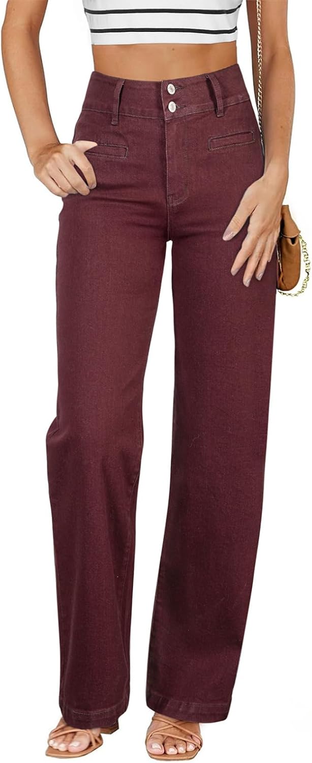 Sidefeel Women's Jeans High Waisted Straight Leg Stretchy Jeans Trendy Loose Wide Leg Zimbaplatinum Denim Pants with Pockets Burgundy