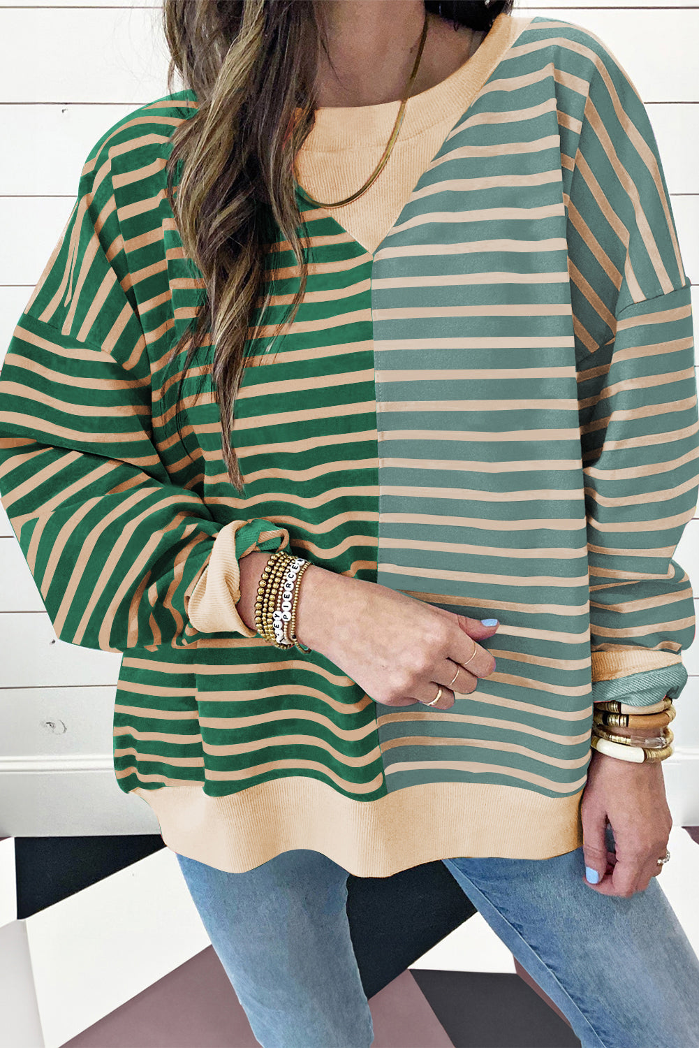 Brown Stripe Casual Stripe Colorblock Drop Shoulder Oversize Sweatshirt Green Stripe 95%Cotton+5%Elastane