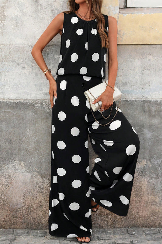 Black Polka Dot Print Pleated Round Neck Tank Casual Wide Leg Two-Piece Outfit Black 100%Polyester