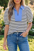 Black Stripe Short Puff Sleeve Color Block Polo Collar Blouse Black Stripe 55%Regenerated Polyester+40%Cotton+5%Elastane