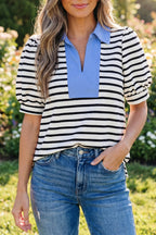 Black Stripe Short Puff Sleeve Color Block Polo Collar Blouse Black Stripe 55%Regenerated Polyester+40%Cotton+5%Elastane