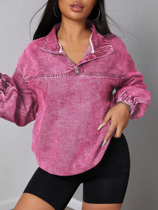 Zip Collar Long Sleeve Denim Top Hot Pink