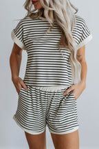 White Stripe Contrast Edge Tee and Shorts Set White Stripe 50%Cotton+47%Polyester+3%Elastane