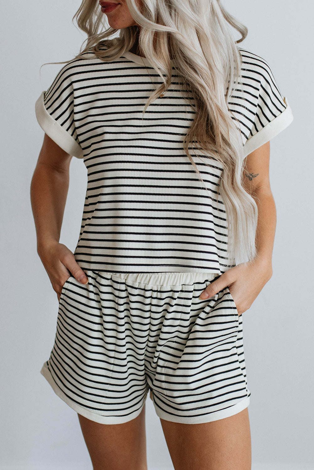 White Stripe Contrast Edge Tee and Shorts Set White Stripe 50%Cotton+47%Polyester+3%Elastane