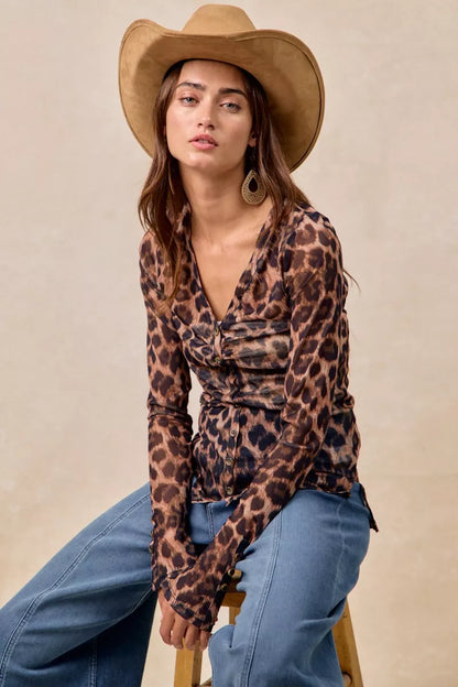 BiBi Leopard Printed Mesh Shirt With Button Up V Neck