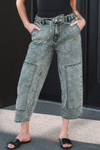 Smoke Gray Acid Wash Tie Waist Denim Pants