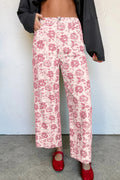 Pink Vintage Floral Print Denim Shift Pants Pink 98%Cotton+2%Elastane