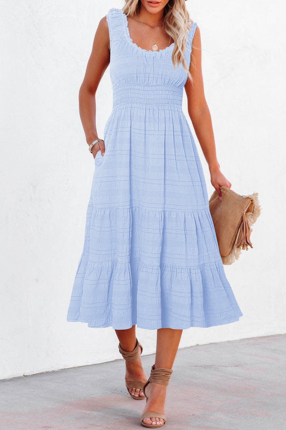 Apricot Shirred Pleated Square Neck Sleeveless Midi Dress