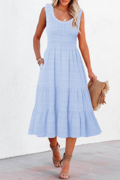 Apricot Shirred Pleated Square Neck Sleeveless Midi Dress