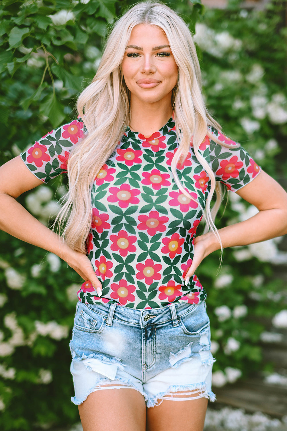 Fiery Red Retro Floral Print Crew Neck T Shirt Fiery Red 95%Polyester+5%Elastane