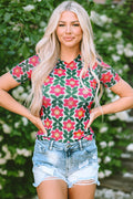 Fiery Red Retro Floral Print Crew Neck T Shirt Fiery Red 95%Polyester+5%Elastane