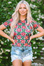 Fiery Red Retro Floral Print Crew Neck T Shirt Fiery Red 95%Polyester+5%Elastane