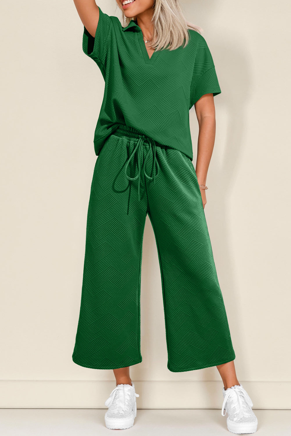 Black Stylish Textured Loose Fit T Shirt and Drawstring Pants Set Dark Green 97%Polyester+3%Elastane