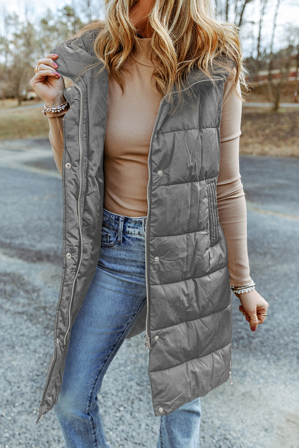 Black Hooded Long Quilted Vest Coat Dark Grey 100%Polyamide