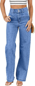 Sidefeel Women's Jeans High Waisted Straight Leg Stretchy Jeans Trendy Loose Wide Leg Zimbaplatinum Denim Pants with Pockets Sky Blue