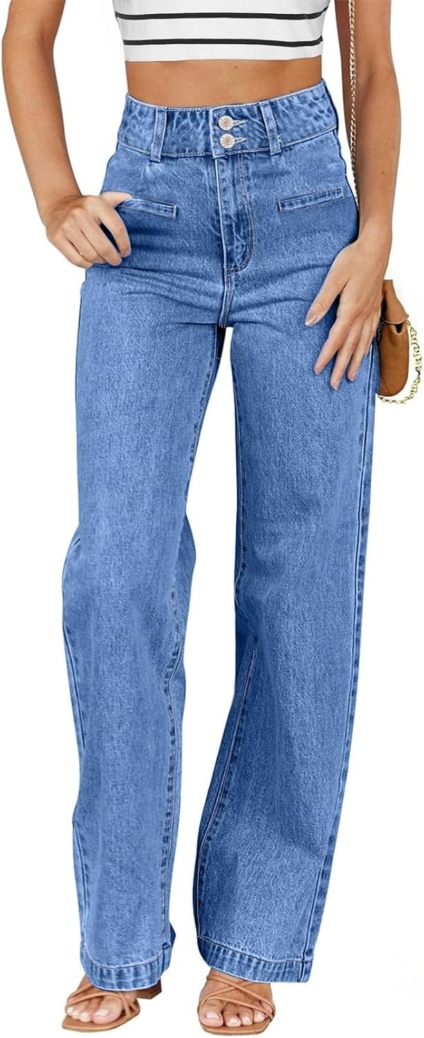 Sidefeel Women's Jeans High Waisted Straight Leg Stretchy Jeans Trendy Loose Wide Leg Zimbaplatinum Denim Pants with Pockets Sky Blue