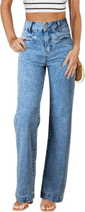 Sidefeel Women's Jeans High Waisted Straight Leg Stretchy Jeans Trendy Loose Wide Leg Zimbaplatinum Denim Pants with Pockets Washed Light Blue