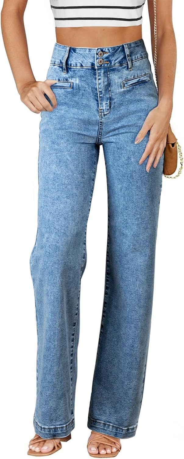 Sidefeel Women's Jeans High Waisted Straight Leg Stretchy Jeans Trendy Loose Wide Leg Zimbaplatinum Denim Pants with Pockets