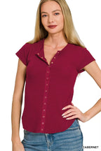 Zenana Double Knit Snap Button Short Sleeve Shirt CABERNET