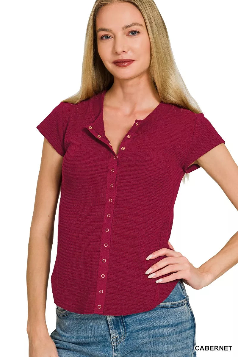 Zenana Double Knit Snap Button Short Sleeve Shirt CABERNET