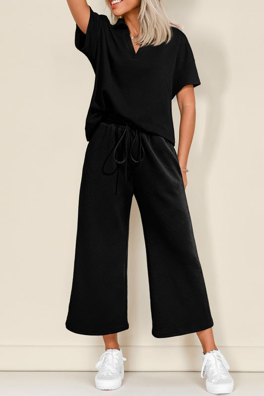 Black Stylish Textured Loose Fit T Shirt and Drawstring Pants Set Black 97%Polyester+3%Elastane