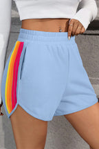 Beau Blue Color Block Stripes Elastic High Waist Active Shorts Beau Blue 85%Polyester+10%Cotton+5%Elastane