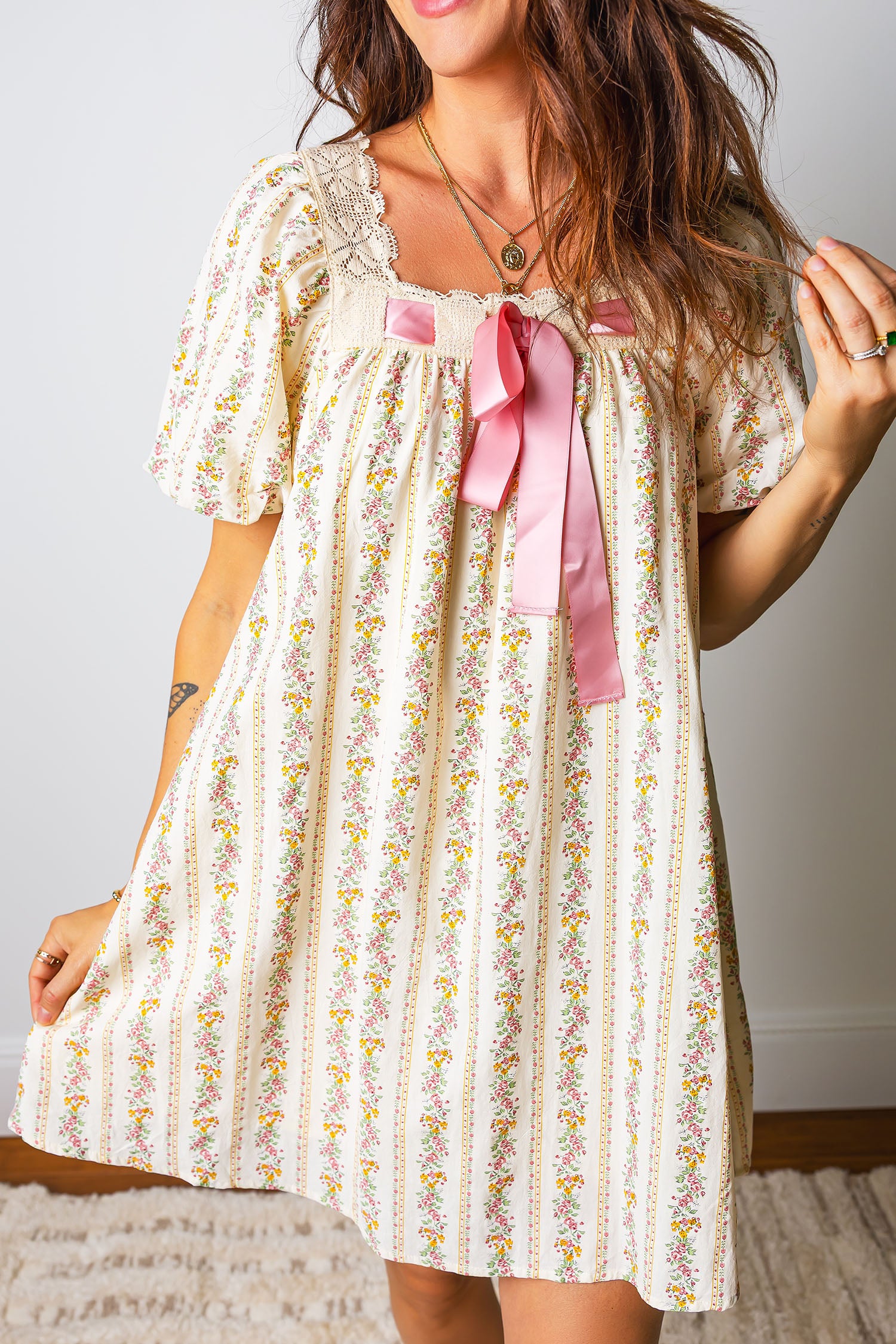 Multicolour Floral Print Contrast Ribbon Bow Lace Trim Square Neck Mini Dress Multicolour 100%Polyester