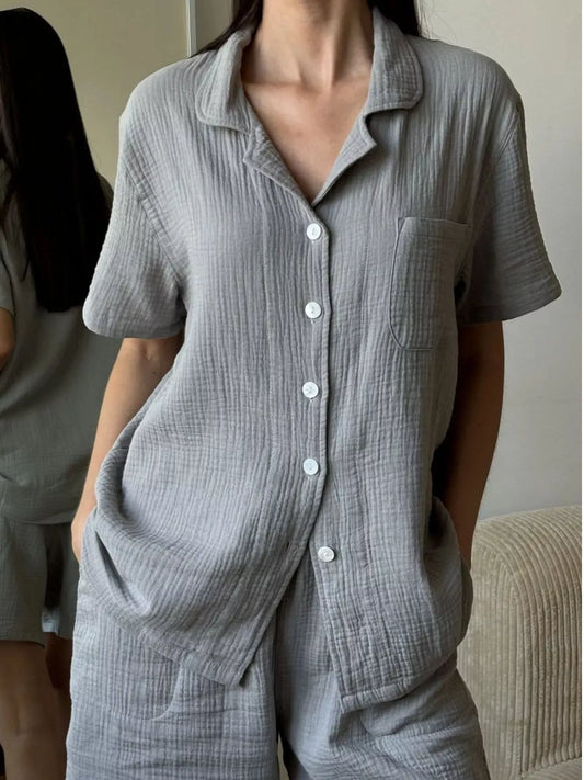 Button Up Short Sleeve Shirt and Shorts Set Gray