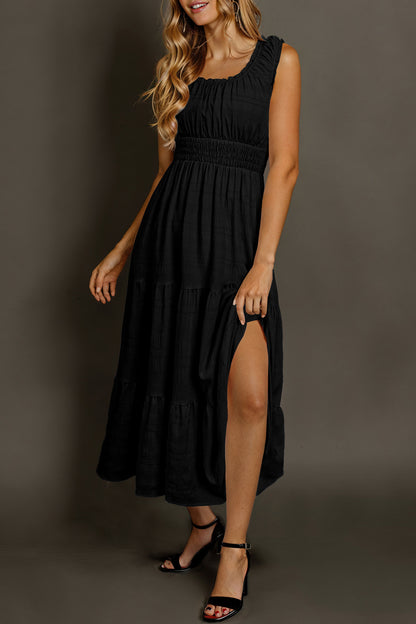 Apricot Shirred Pleated Square Neck Sleeveless Midi Dress Black 95%Polyester+5%Elastane