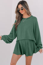 Jet Stream Corded Lantern Sleeve Top High Waist Ruffled Mini Skort Set