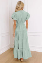 Gossamer Pink Solid Color V Neck Short Puff Sleeve High Waist Tiered Maxi Dress