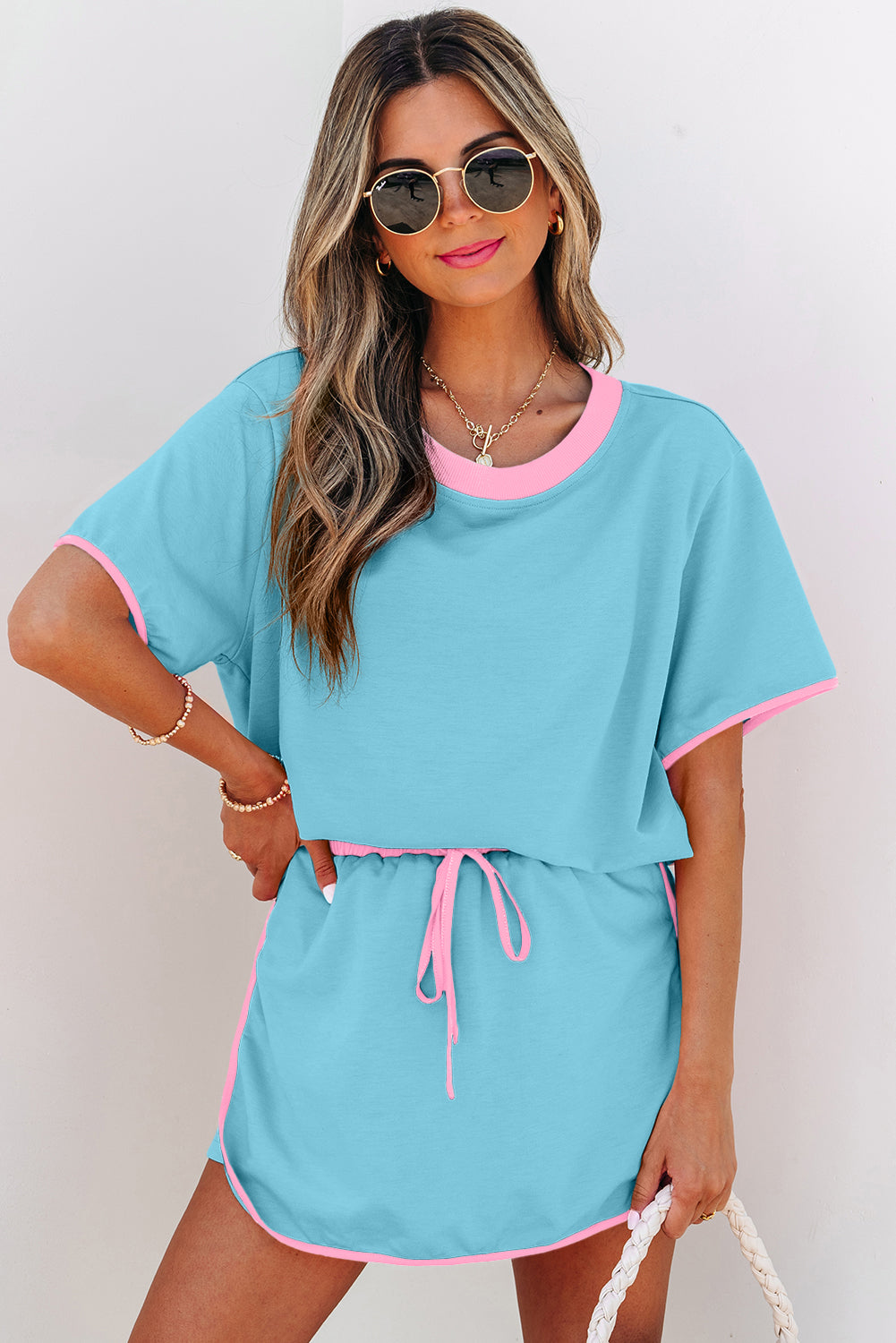 Turquoise Colorblock Edge Drop Shoulder T Shirt and Skort 2Pcs Set Turquoise 75%Polyester+20%Cotton+5%Elastane