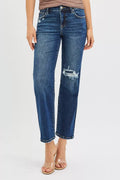 RISEN High Rise Crop Slim Straight Jenas with Hidden Knee Patch DARK