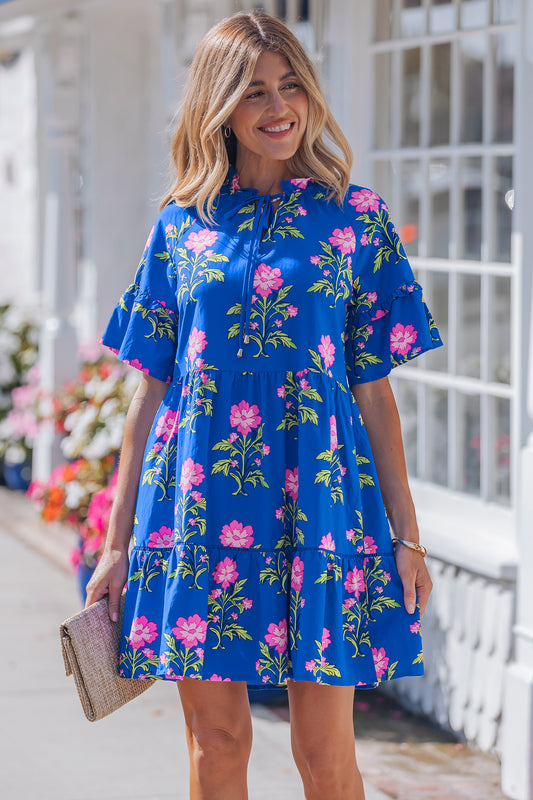 Blue V Neck Short Sleeve Loose Flower Dress Blue 55%Cotton+45%Viscose