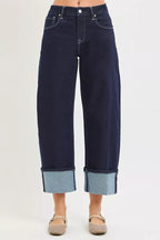 RISEN Slouchy Crop Barrel Cuffed Hem Jeans PGC21709 - SOLID DARK Solid Dark