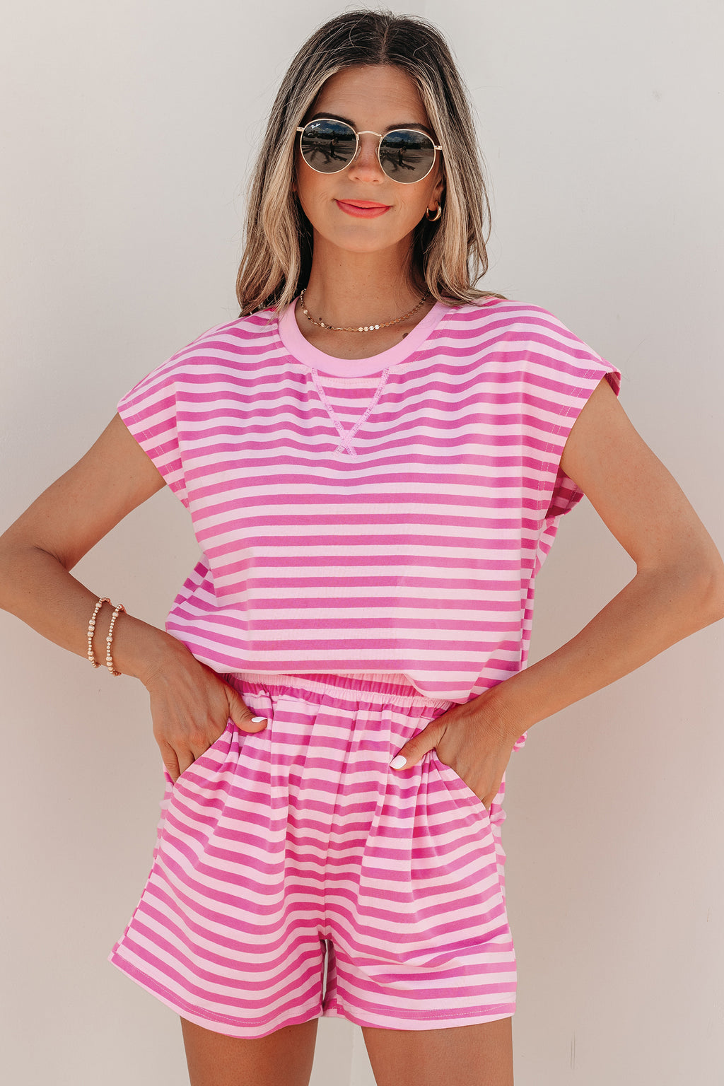 Pink Stripe Cap Sleeve Tee Elastic Waist Shorts 2pcs Outfit Pink Stripe 95%Cotton+5%Elastane