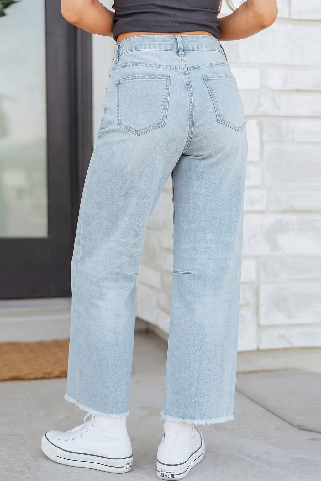 Black Frayed Cropped Straight Jeans