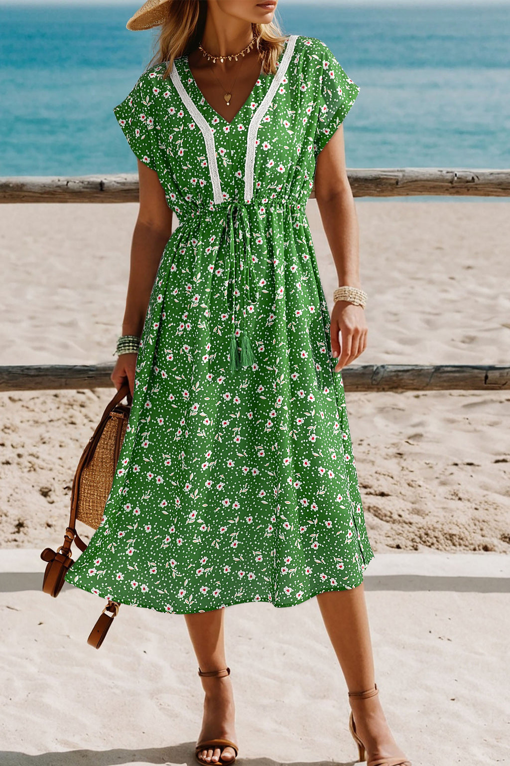 Green Abstract Print Embroidered Trim V Neck Drawstring High Waist Loose Vacation Dress Green 100%Polyester
