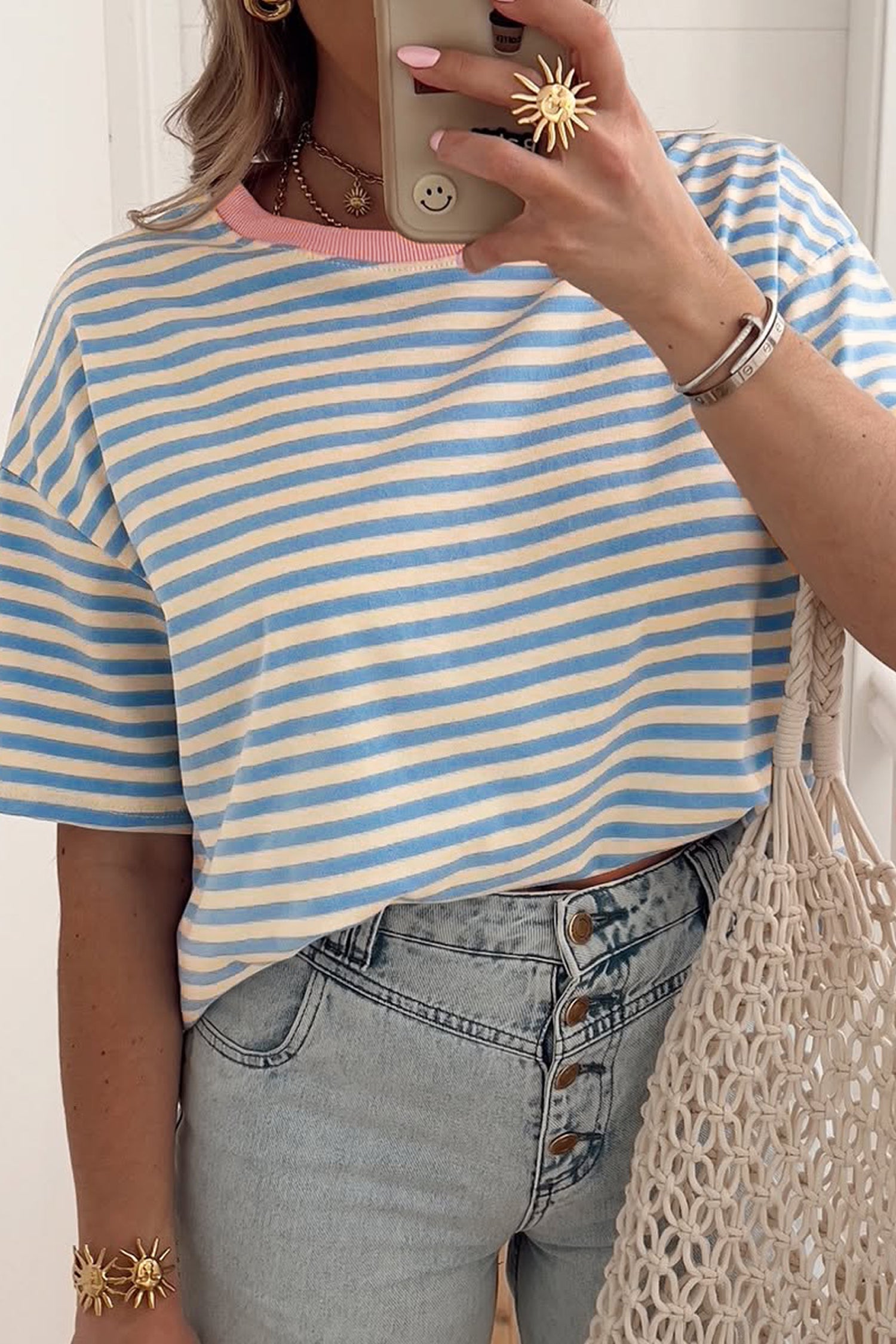 Sky Blue Stripe Contrast Crew Neck Drop Shoulder Loose Tee Sky Blue Stripe 95%Cotton+5%Elastane