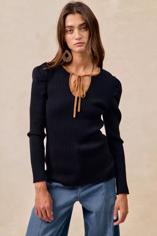 BiBi Ribbed Contrast Front Tied Top with Shrried BLACK CAMEL