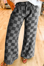 Dark Grey Checkered Denim Wide Leg Jeans Dark Grey 50%Polyester+50%Cotton