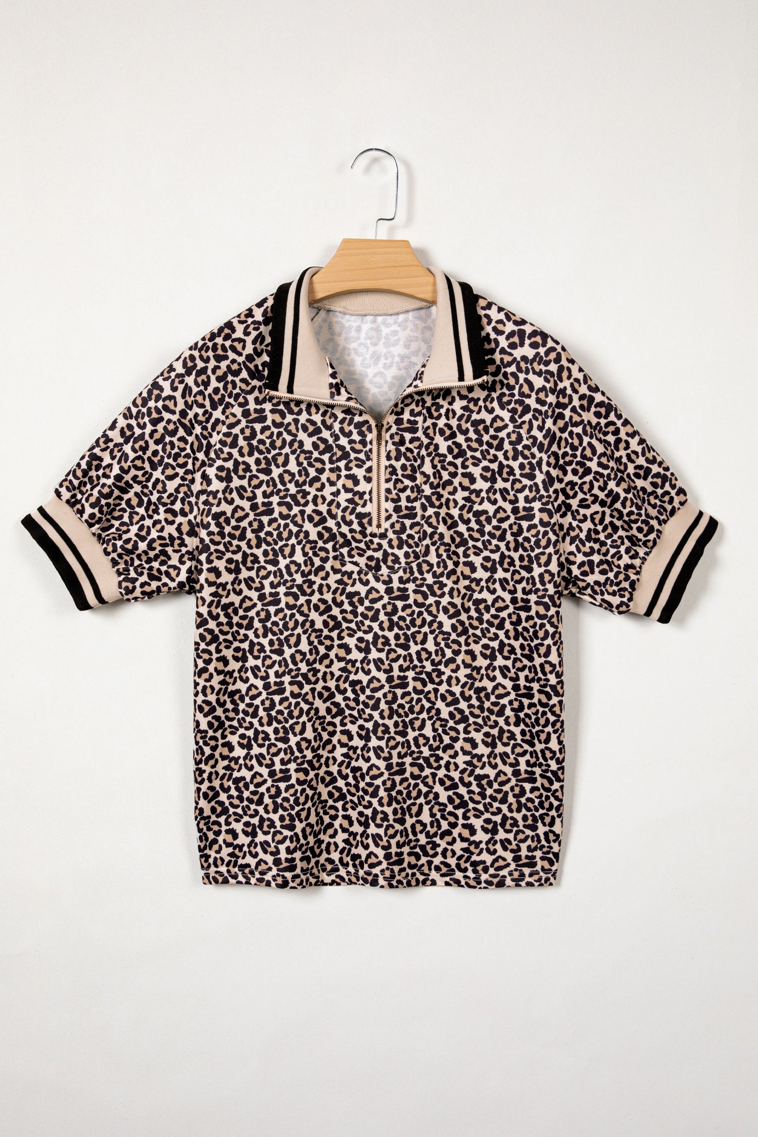Khaki Leopard Print Half Zip Striped Trim Patchwork Short Sleeve Top