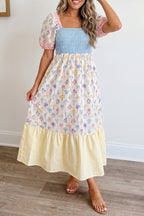 Multicolour Floral Print Striped Color Block Patchwork Square Neck Shirred Long Dress Multicolour 100%Polyester