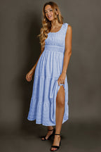 Apricot Shirred Pleated Square Neck Sleeveless Midi Dress