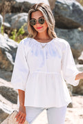 White Bow Knot Cutout Back Loose Fit 3/4 Sleeve Blouse White 100%Cotton